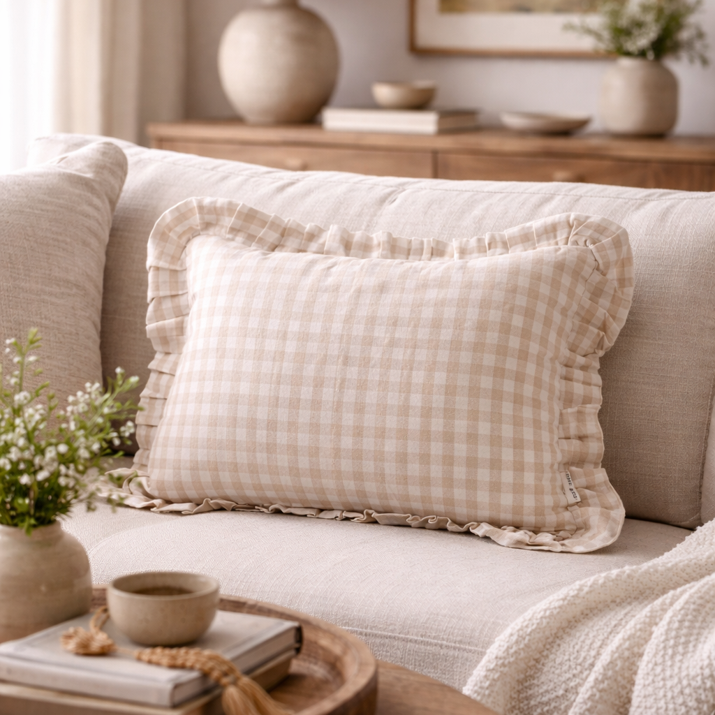 Cozy living room with a beige sofa, checkered pillow, and wooden coffee table.