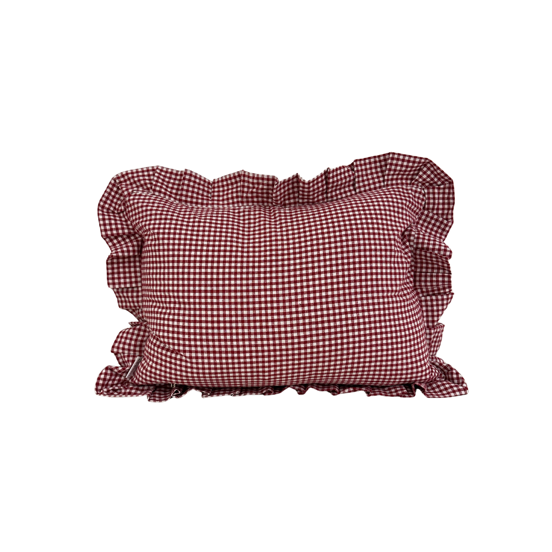 Red gingham ruffle lumbar pillow sham by Luxe B Co, showcasing a cozy, decorative pillow cover with soft ruffle details.