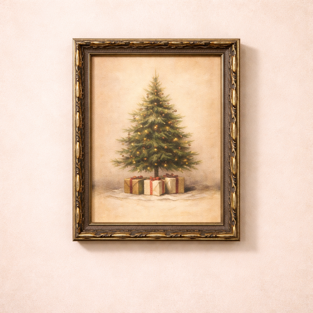 Rustic Christmas tree framed art with antique-inspired silver crown leaf design by Luxe B Co.