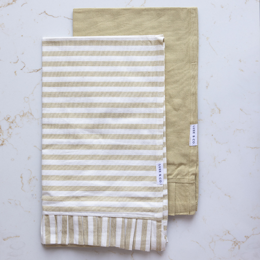 Sage Green & White Stripes Ruffle Kitchen Dish Towel | By Luxe B Co.