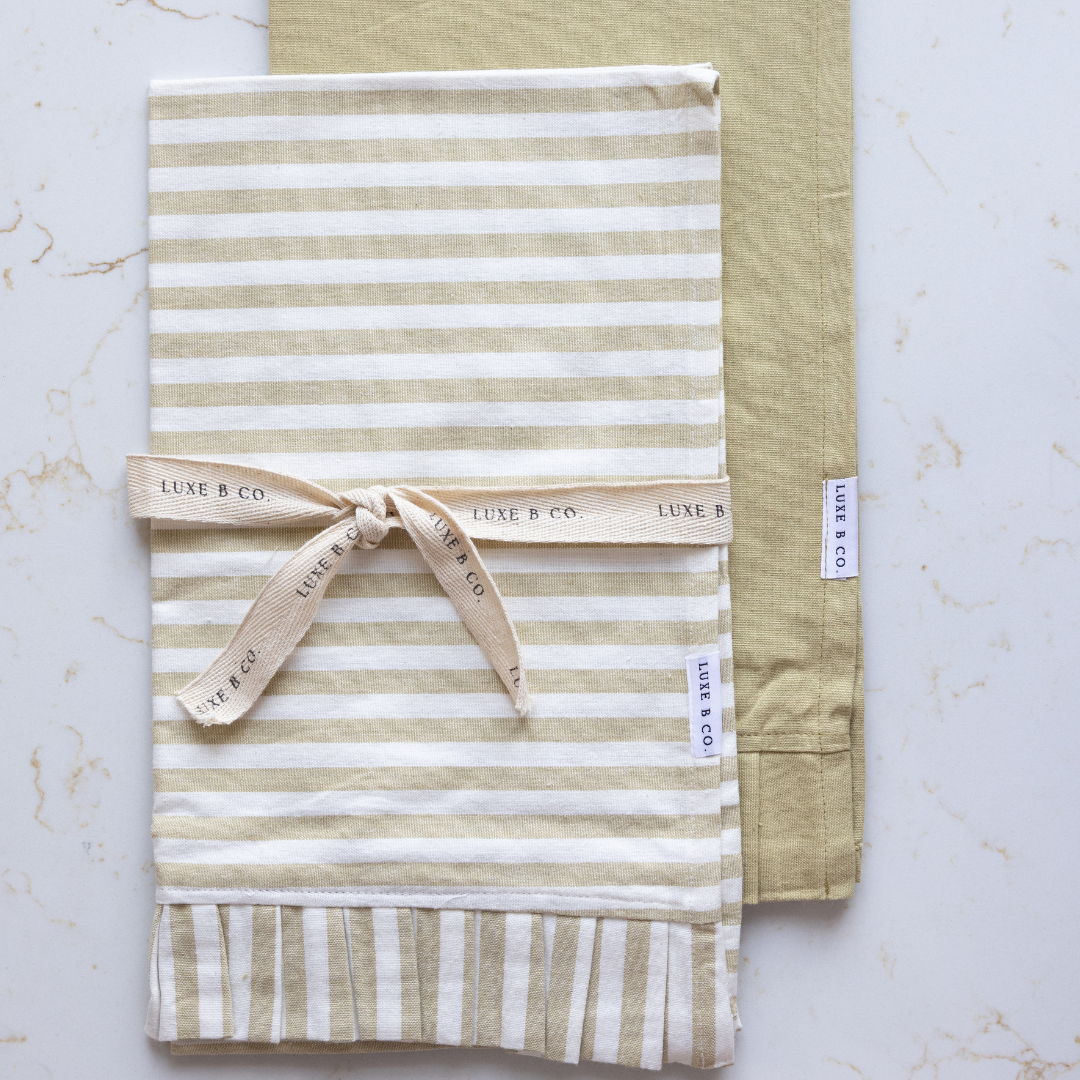 Sage Green & White Stripes Ruffle Kitchen Dish Towel | By Luxe B Co.