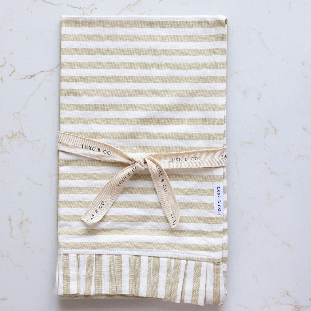 Sage Green & White Stripes Ruffle Kitchen Dish Towel | By Luxe B Co.