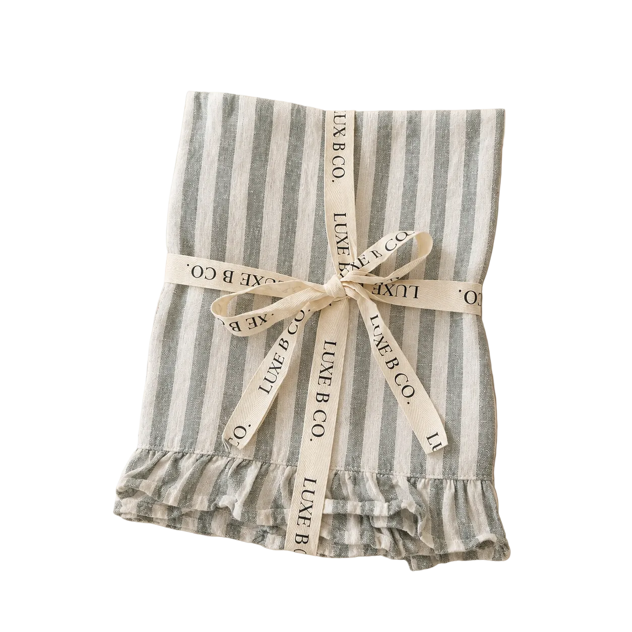 Soft green linen dish towel with ruffles from Luxe B Co, featuring a textured fabric and decorative edging for kitchen use.