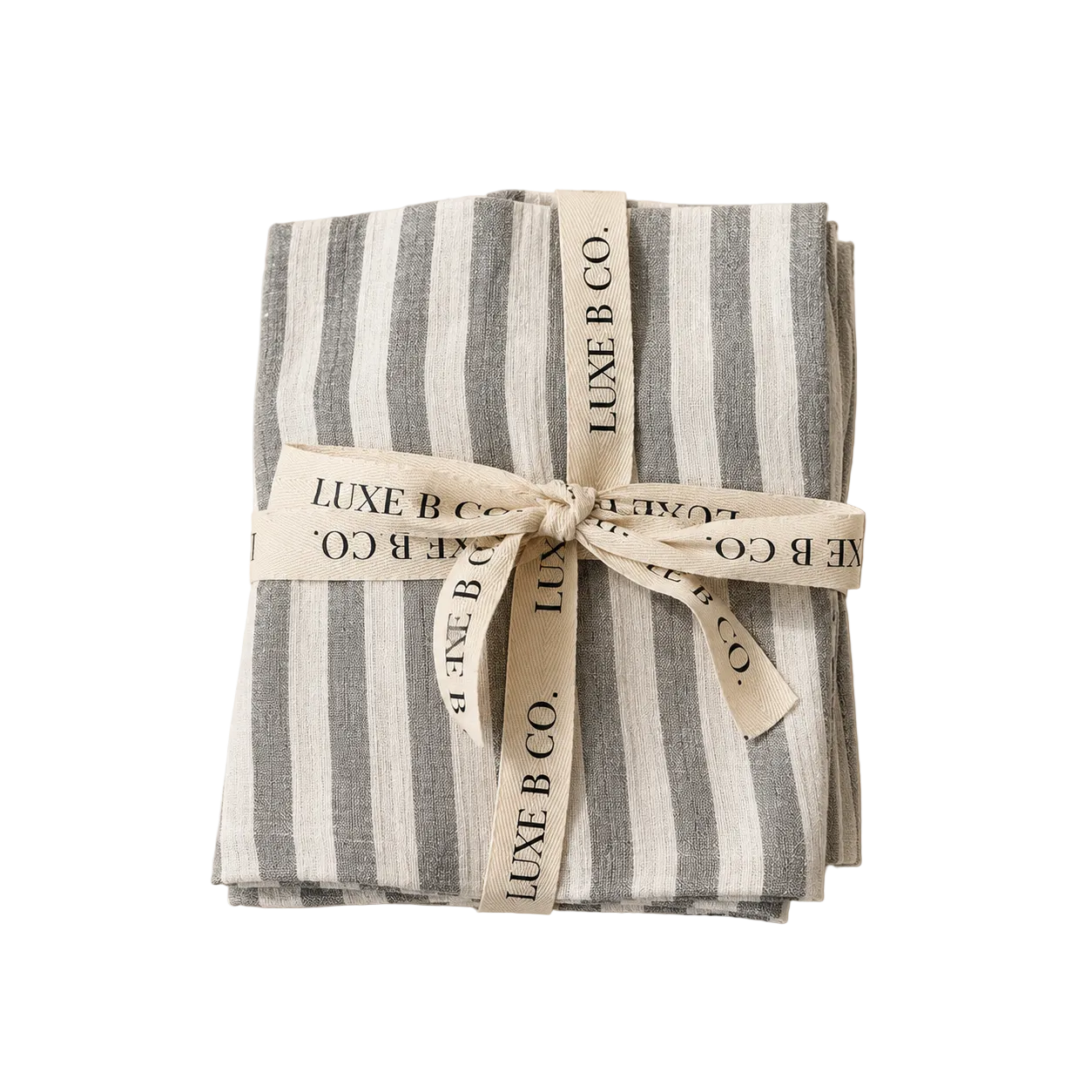Soft green linen napkin set with subtle stripe pattern, luxury dish towels by Luxe B Co for elegant table settings.