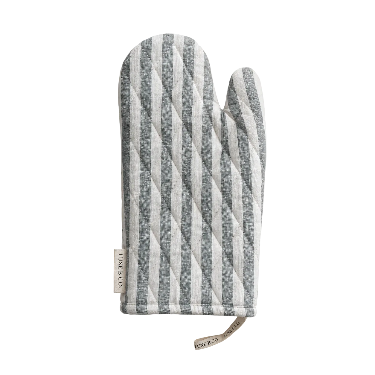 Soft green striped linen oven mitt by Luxe B Co. with a textured fabric design for heat protection and comfortable handling.