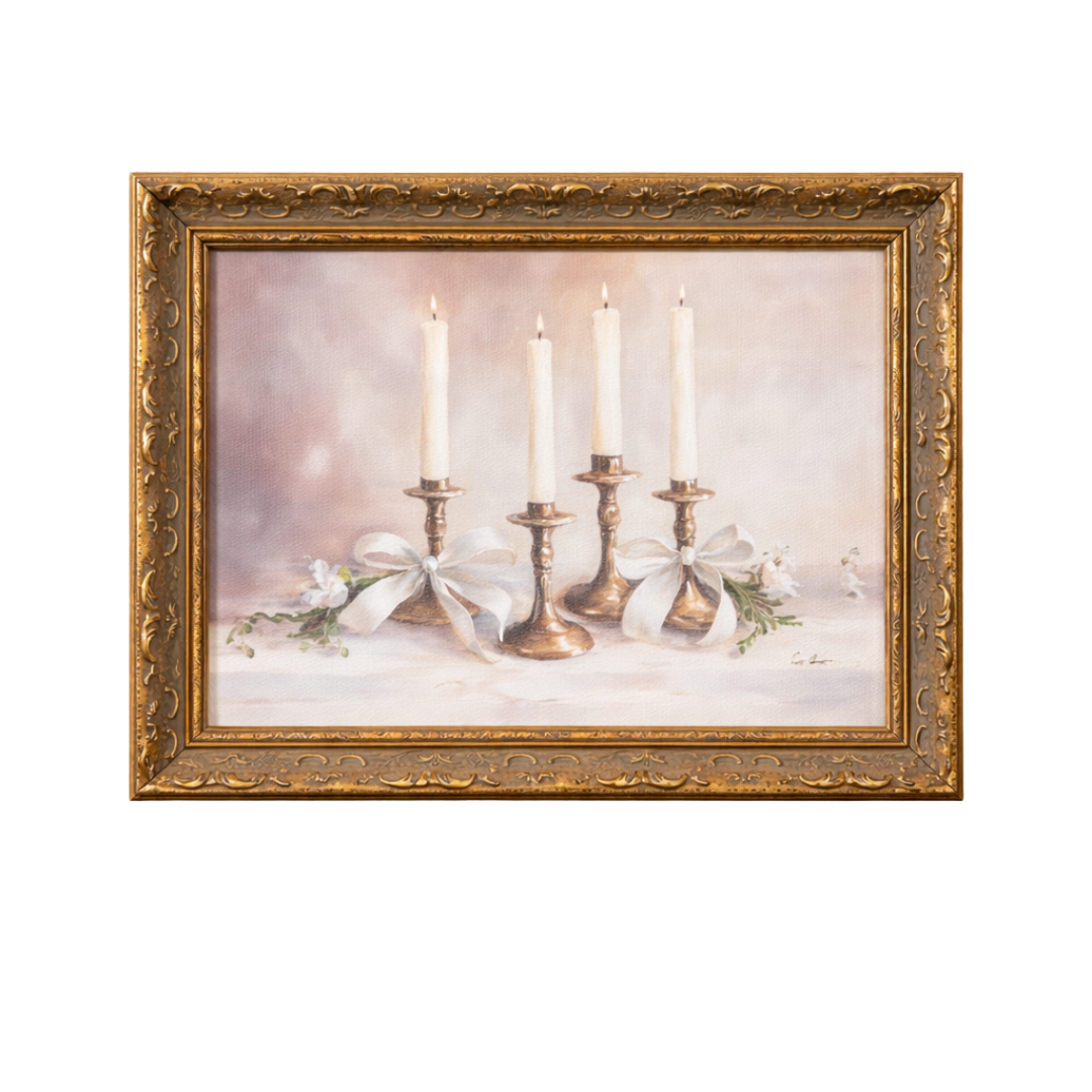Antique-inspired gold leaf crowned framed art featuring a tapered holiday candle, by Luxe B Co. for elegant holiday decor.