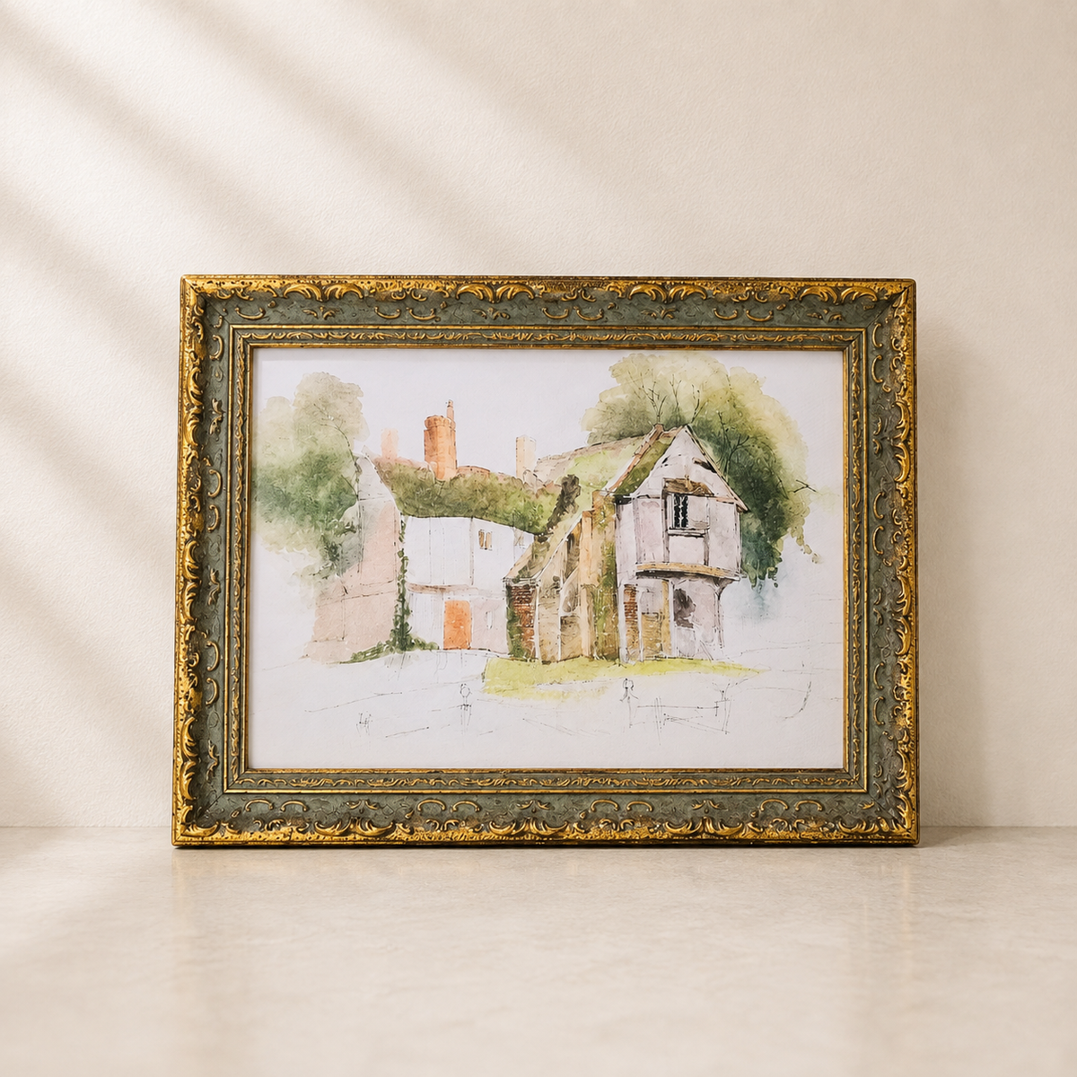 The Garden Cottage | Antique Inspired Gold Leaf Crowned Framed Art By Luxe B Co.