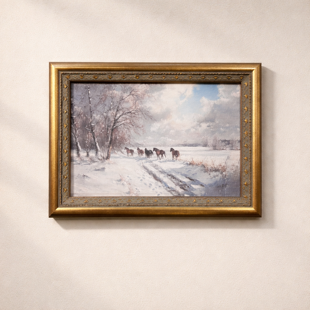 Antique-inspired brass mould framed art of trailing horses, showcasing intricate details and vintage elegance by Luxe B Co.