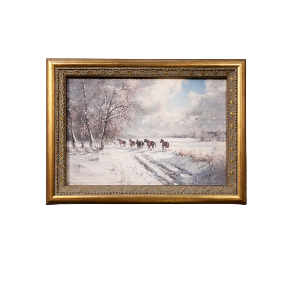 Antique-inspired brass mould framed art featuring trailing horses, showcasing intricate detailing in a classic decorative style.