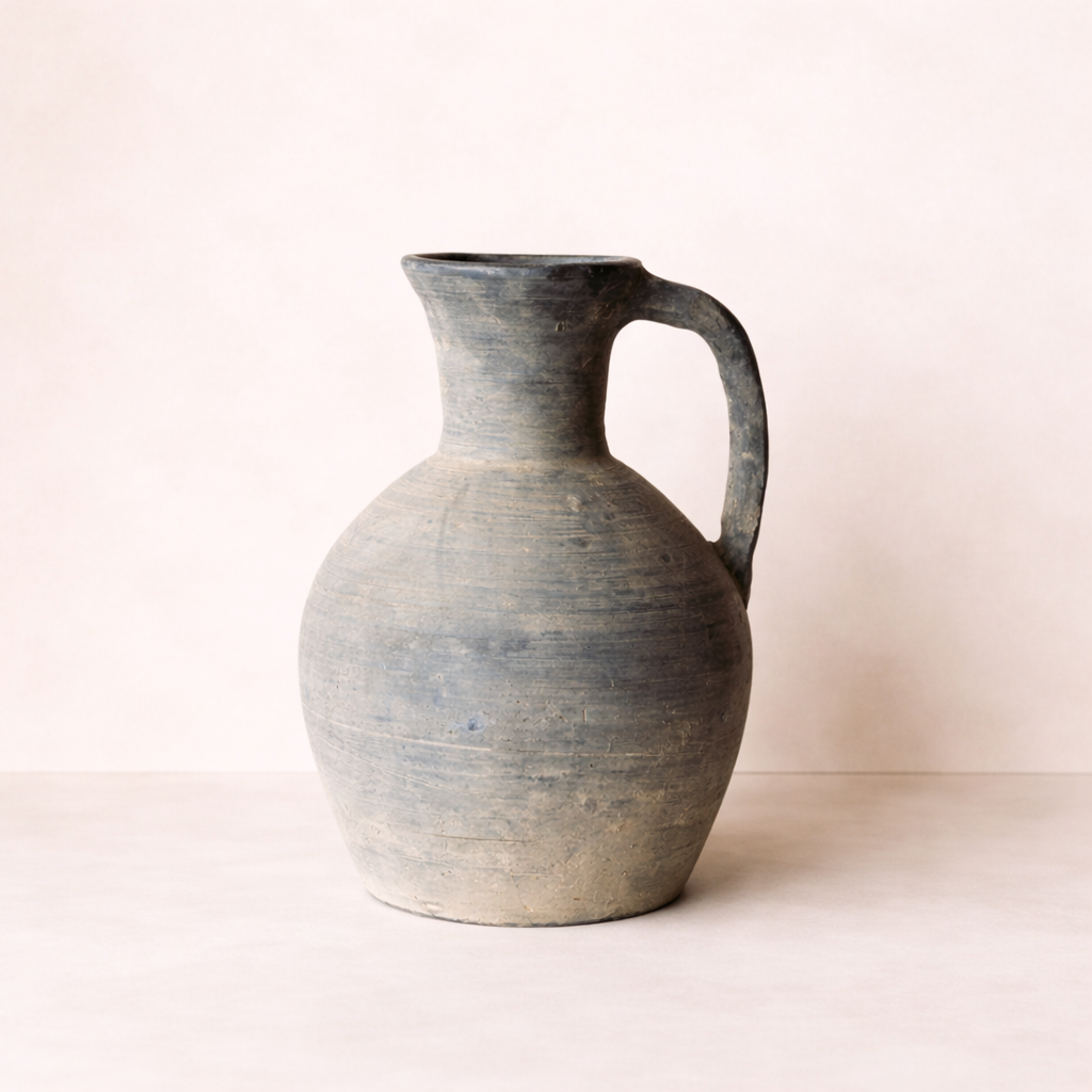 Stoneware pitcher on a light beige background