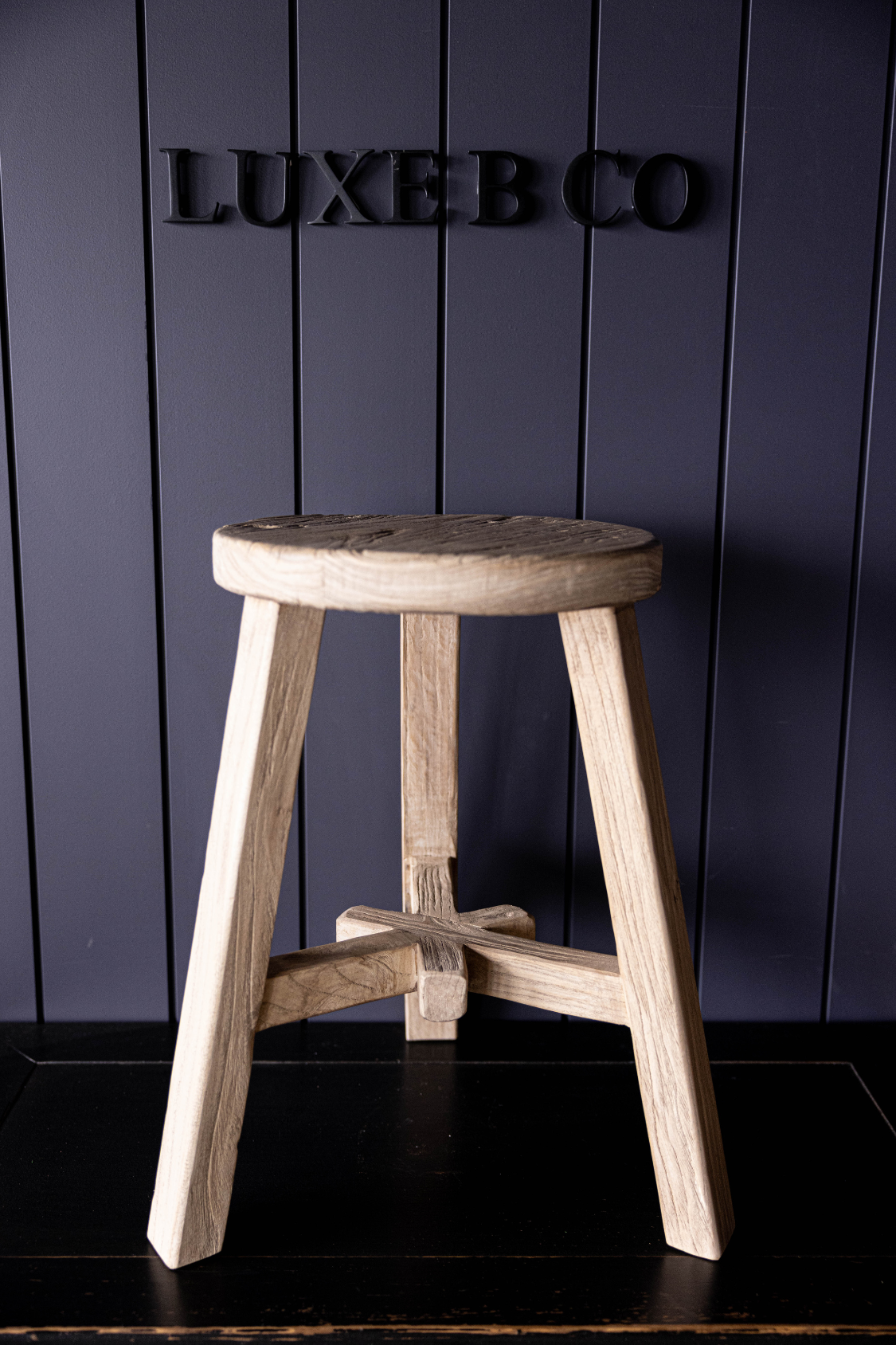 Vintage Reclaimed Elm Wood Round Stool