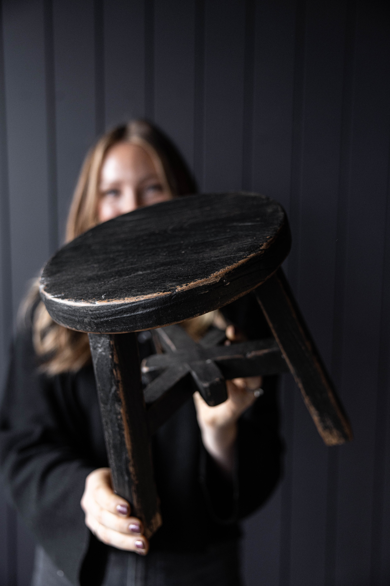 Vintage Reclaimed Round Small Stool Black | By Luxe B Co.