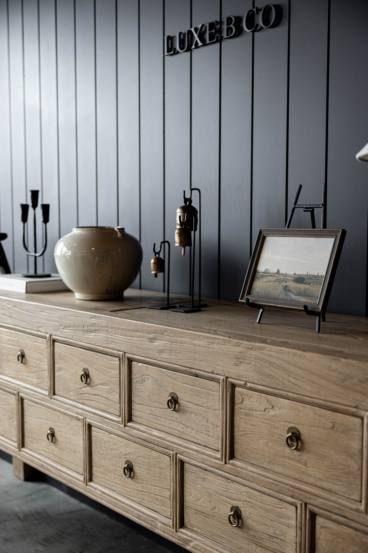 Vintage Studio Elm Wood 13-Drawer Console Table | By Luxe B Co. 