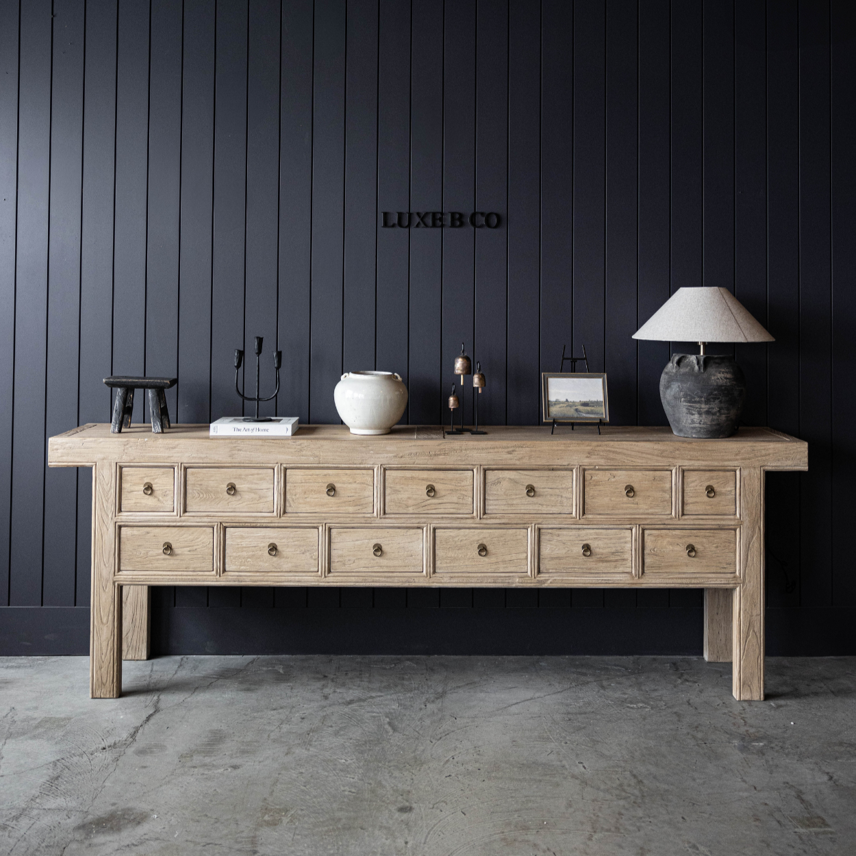 Vintage Studio Elm Wood 13-Drawer Console Table | By Luxe B Co. 