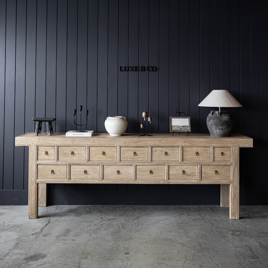 Vintage Studio Elm Wood 13-Drawer Console Table | By Luxe B Co. 
