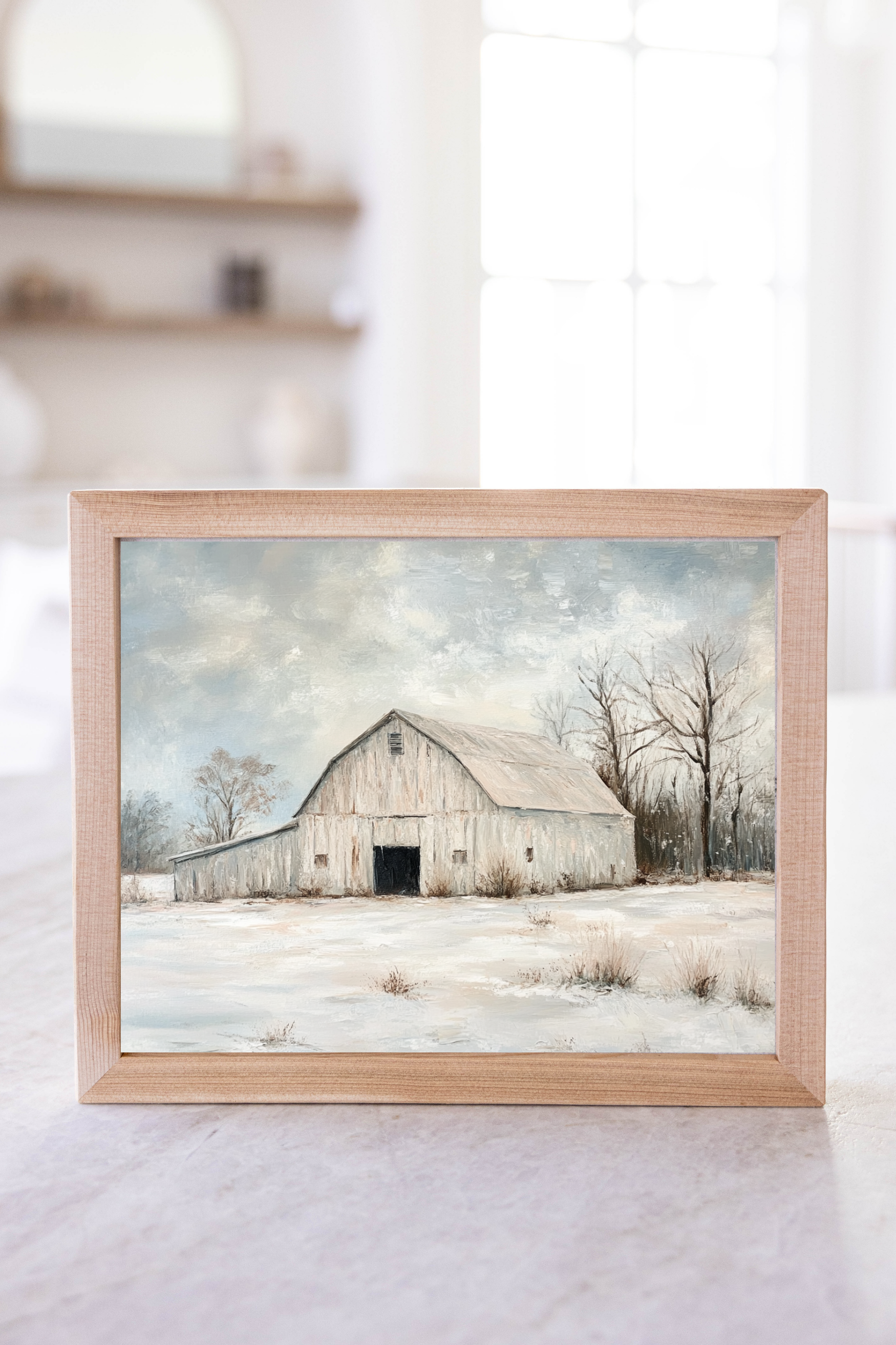 Vintage Winter Old White Barn Pine Framed Art | 003