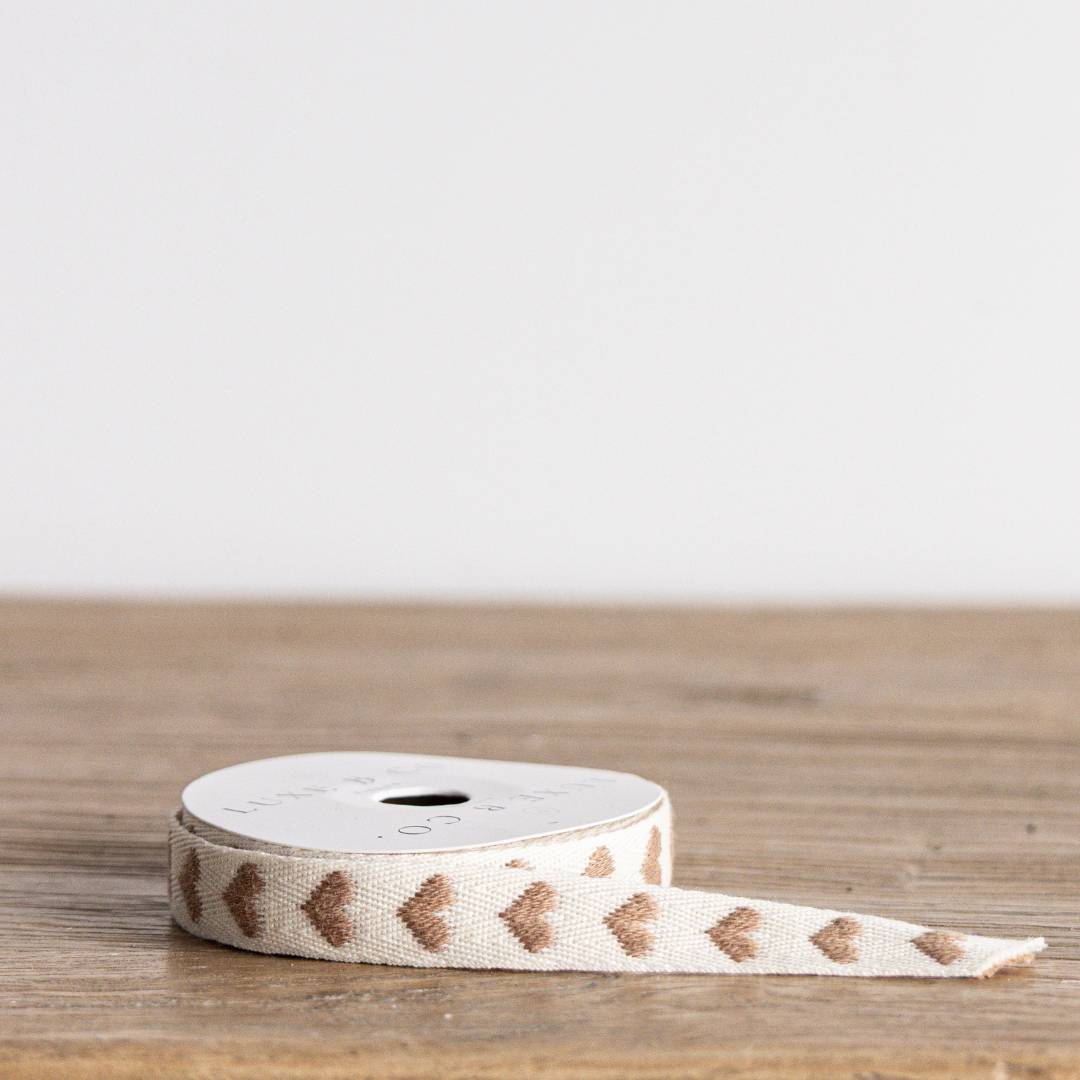 Warm Taupe Hearts Woven Ribbon | By Luxe B Co. 