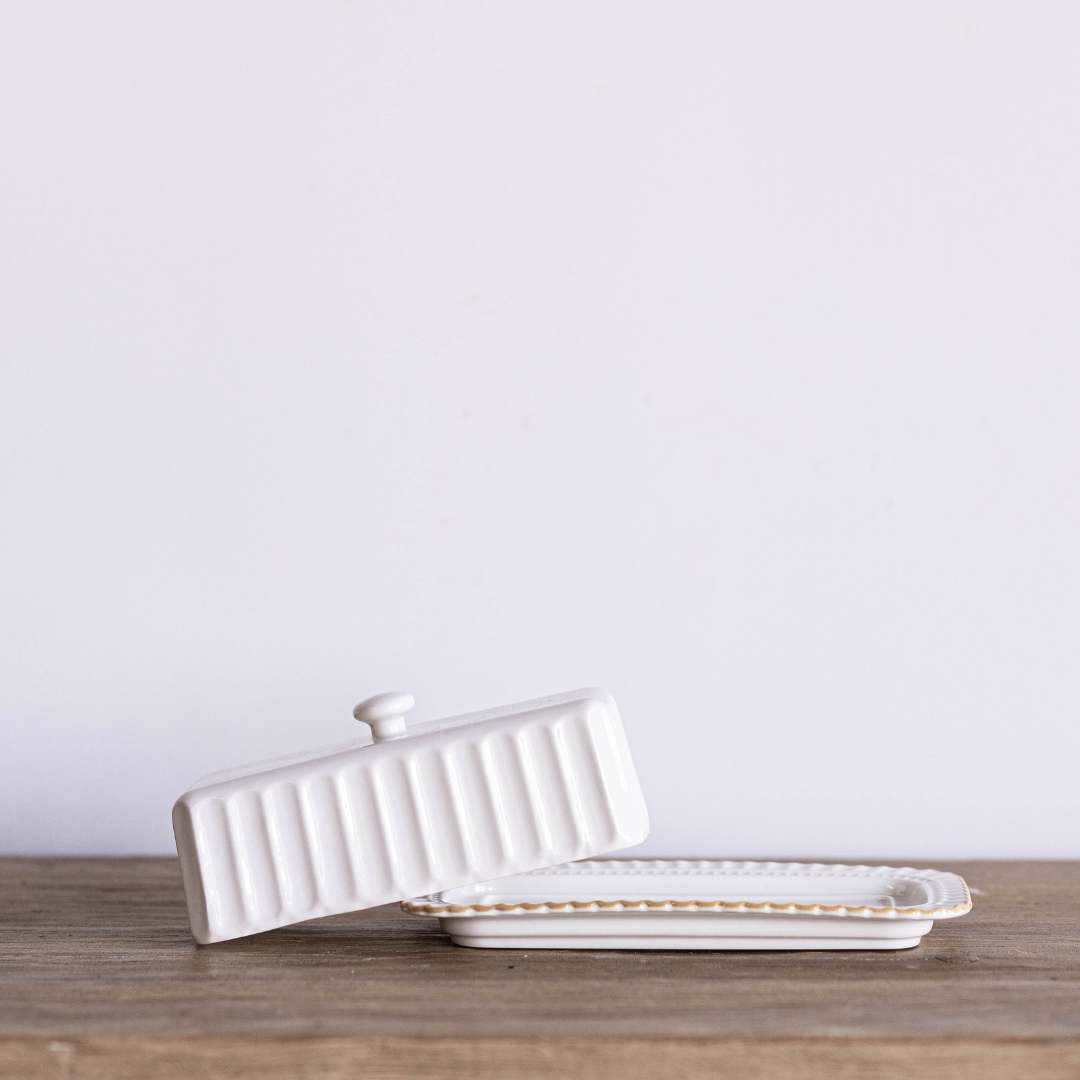 White Ceramic Striped Butter Dish | Luxe B Co.
