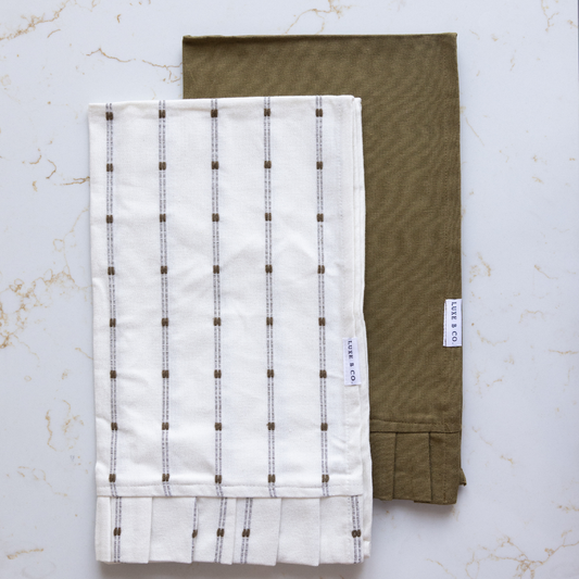 White Embroidery Olive Green Stripes Ruffle Kitchen Dish Towel | By Luxe B Co.