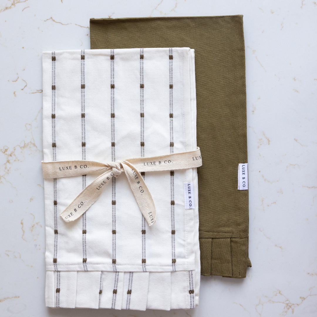 White Embroidery Olive Green Stripes Ruffle Kitchen Dish Towel | By Luxe B Co.