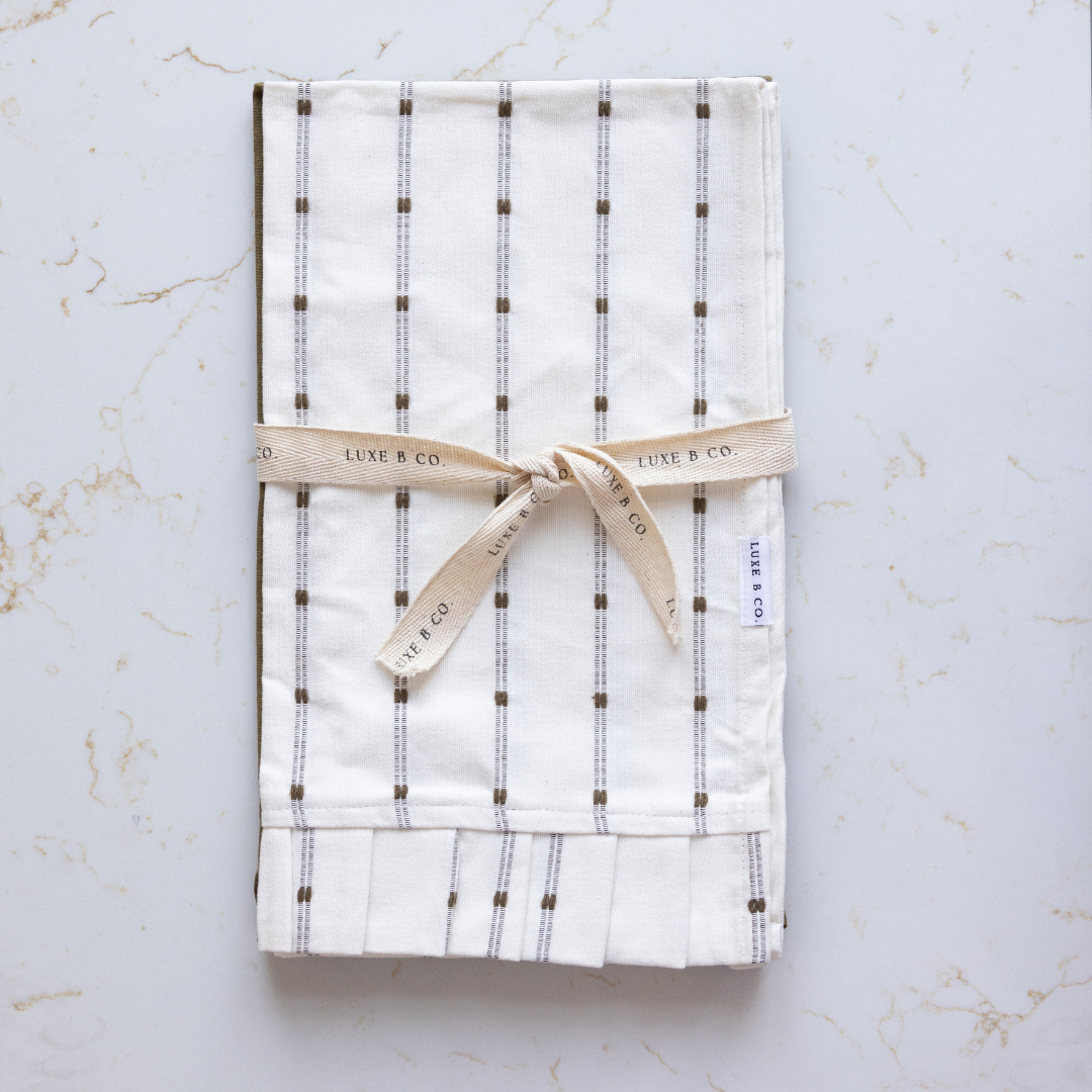 White Embroidery Olive Green Stripes Ruffle Kitchen Dish Towel | By Luxe B Co.