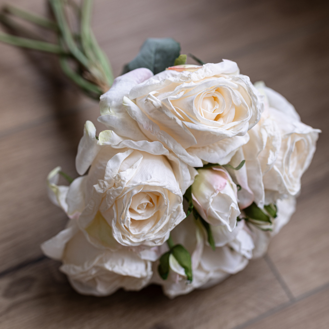 White faux rose bunch from Luxe B Co, lush greenery floral arrangement for garden decor or interior accents.