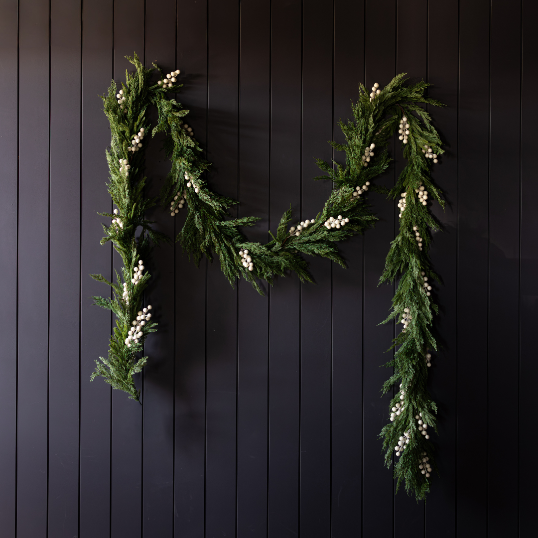 White Plum Frosted Berry Norfolk Cypress real touch garland, 15 ft, with white frosted berries and lush green Norfolk cypress foliage.