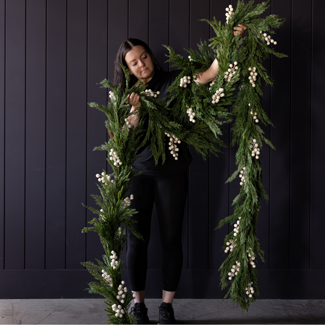 White Plum Frosted Berry Norfolk Cypress Real Touch Garland 15 ft, lush greenery and frosted berries, ideal for wreath or decoration.
