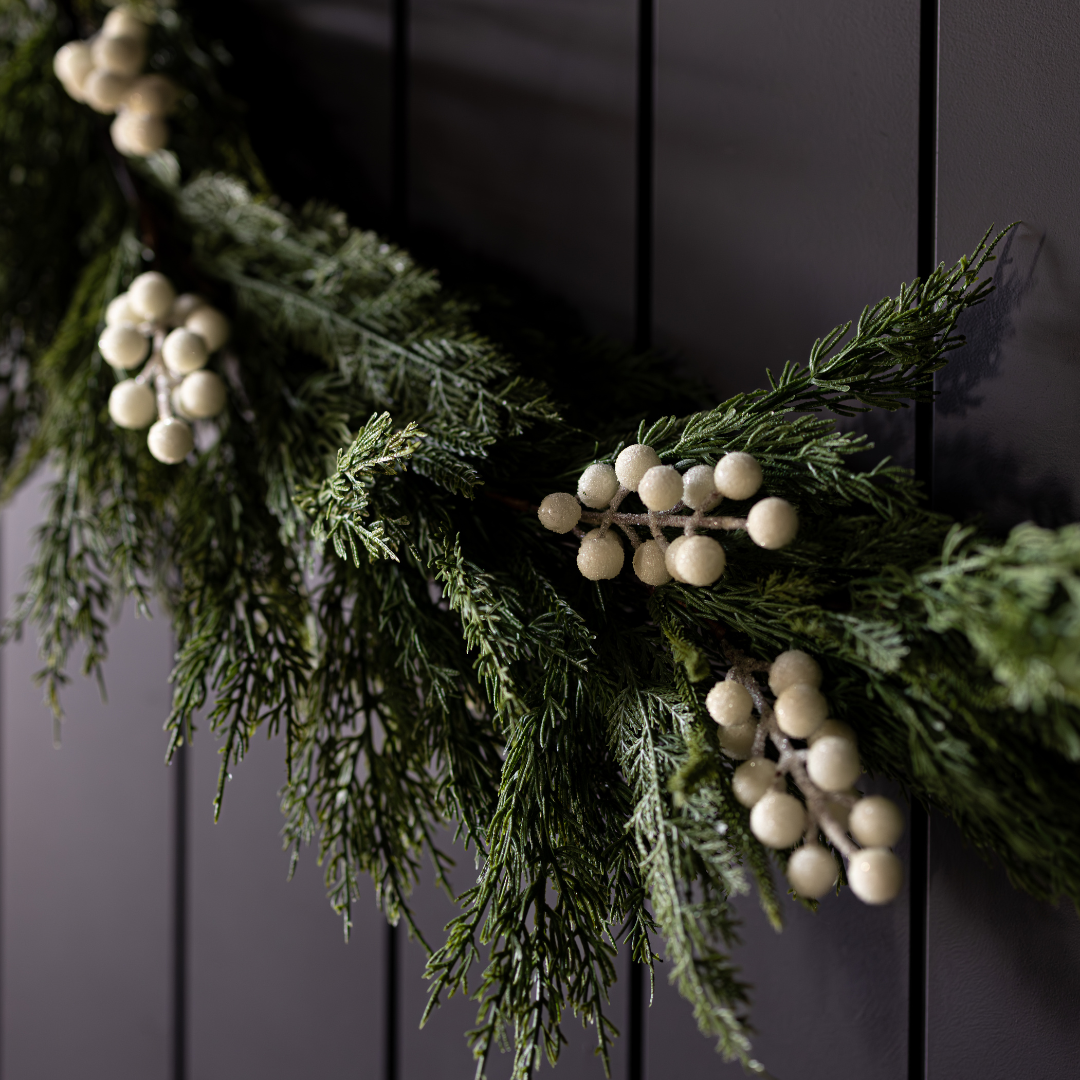 White Plum Frosted Berry Norfolk Cypress real touch garland, 15 ft wreath with frosted berries and lush greenery by Luxe B Co.