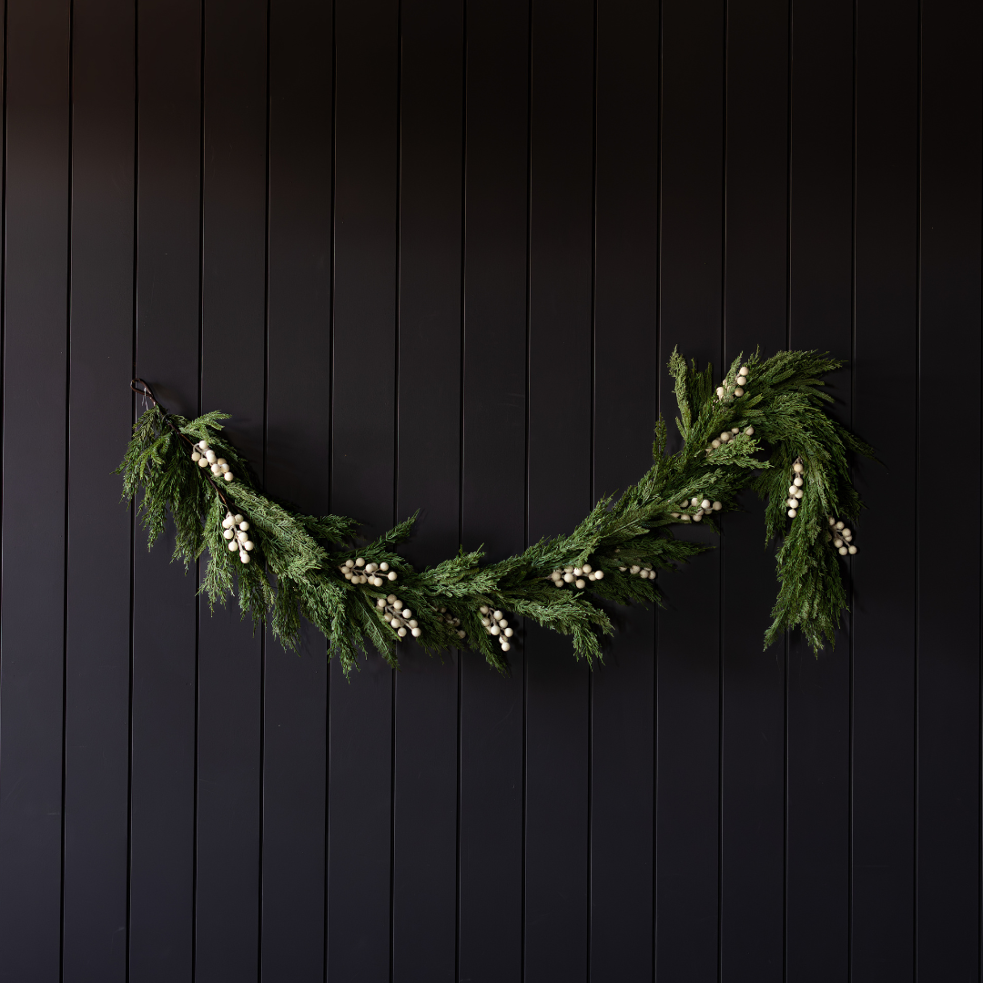 White Plum Frosted Berry Norfolk Cypress real touch Christmas garland, 6 feet, with frosted berries and lush greenery by Luxe B Co.