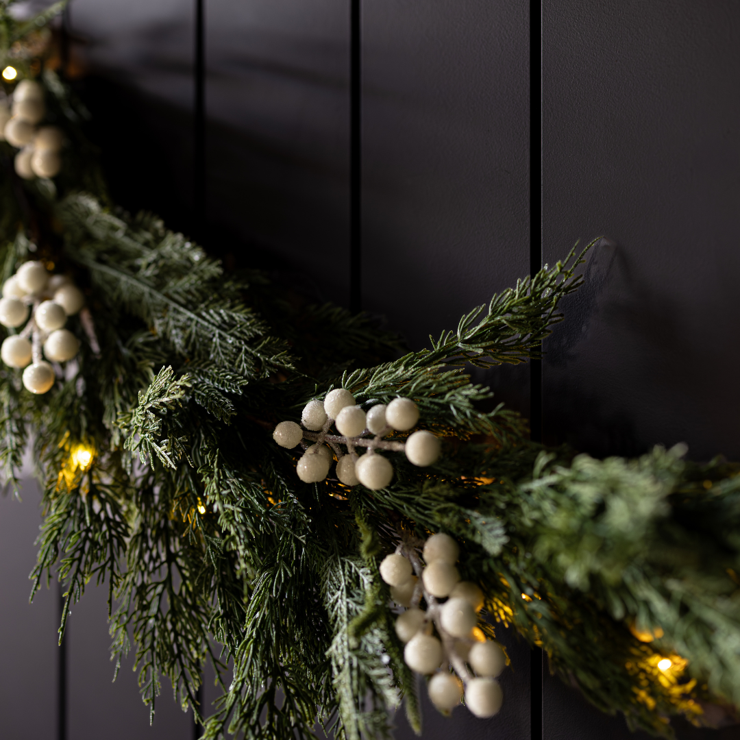 White Plum Frosted Berry Norfolk Cypress real touch Christmas garland, 6 ft, with white plum and frosted berries, by Luxe B Co.