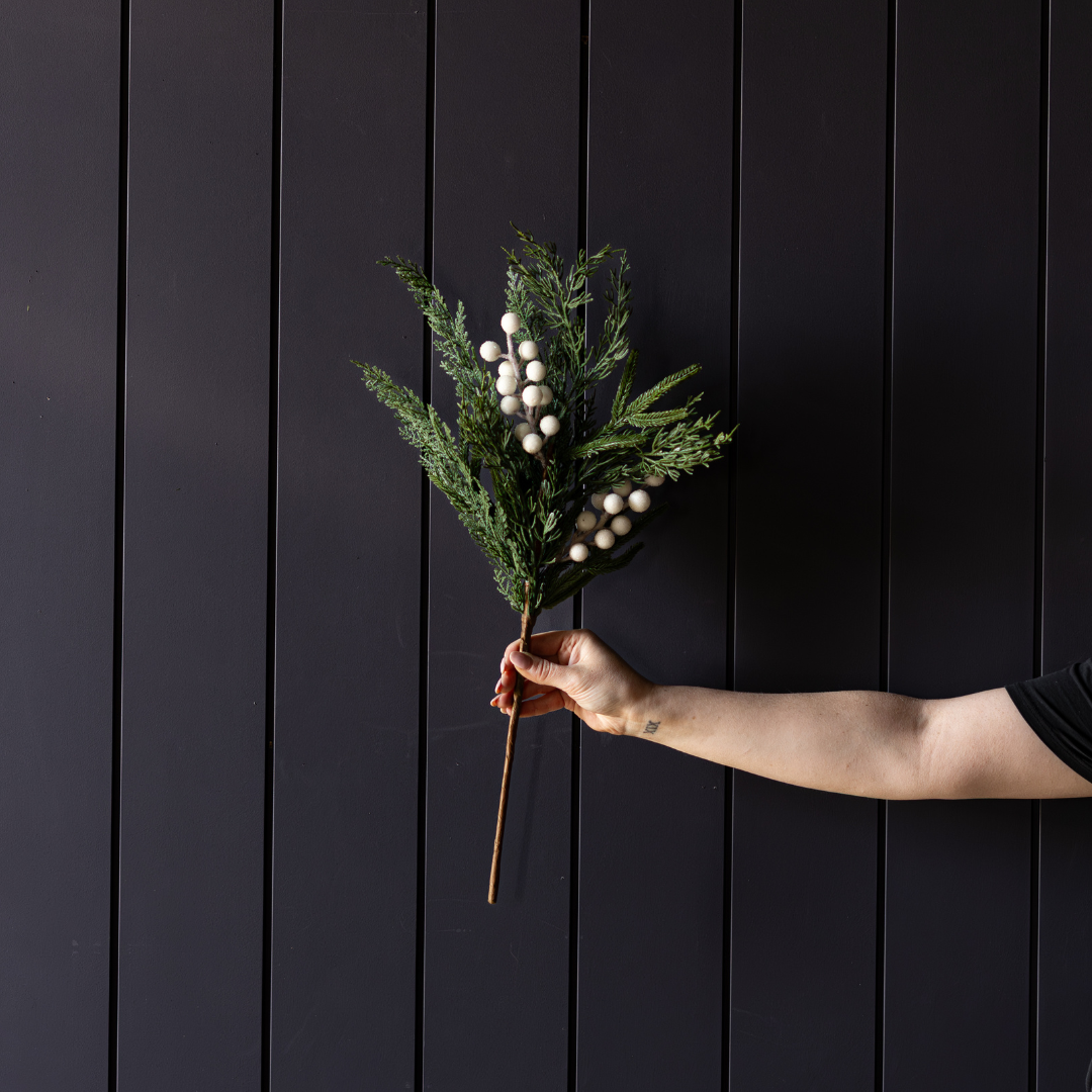 White plum frosted berry and Norfolk cypress real touch stems by Luxe B Co, showcasing realistic botanical arrangement.