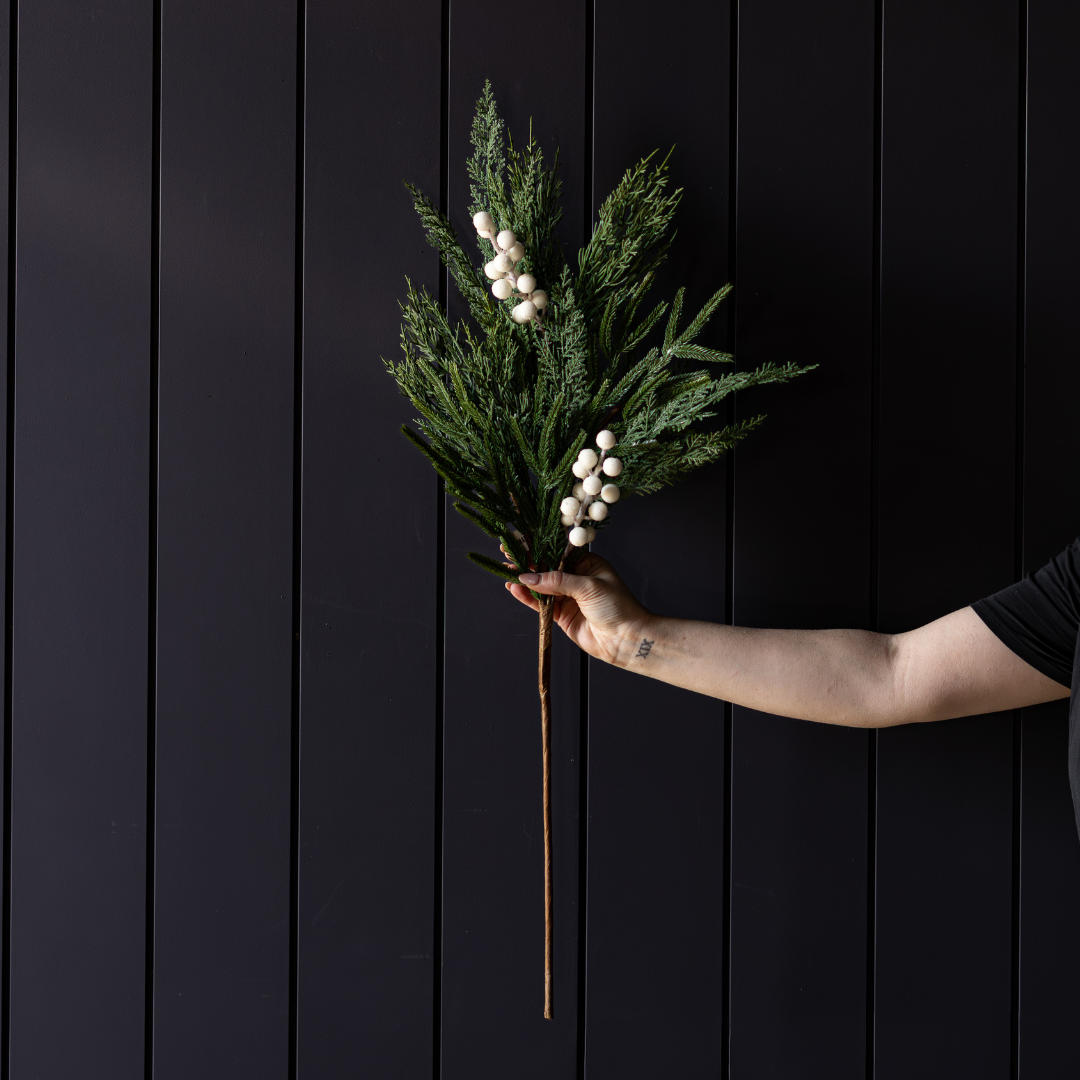 White plum and frosted berry Norfolk cypress real touch stems by Luxe B Co, showcasing realistic foliage and frosted berry accents.