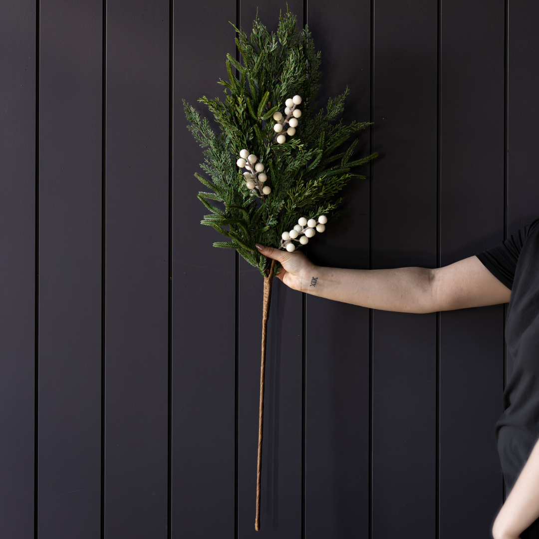 White plum frosted berry and Norfolk cypress real touch stems by Luxe B Co, showcasing realistic foliage and frosted berry accents.