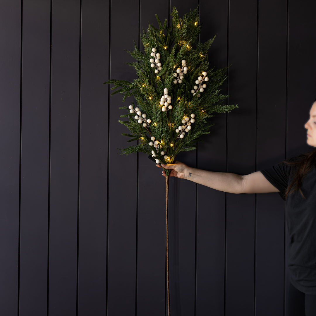 White plum and frosted berry Norfolk cypress real touch stems by Luxe B Co, showcasing realistic botanical detailing.