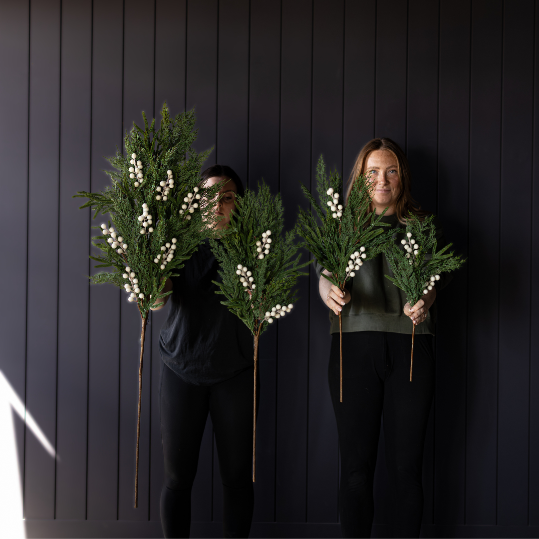 White plum and frosted berry Norfolk Cypress real touch stems by Luxe B Co, showcasing realistic foliage and decorative accents.