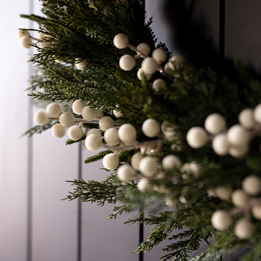 14-inch Luxe B Co white plum frosted berry Norfolk Cypress real touch wreath showing white plums, frosted berries, and greenery.
