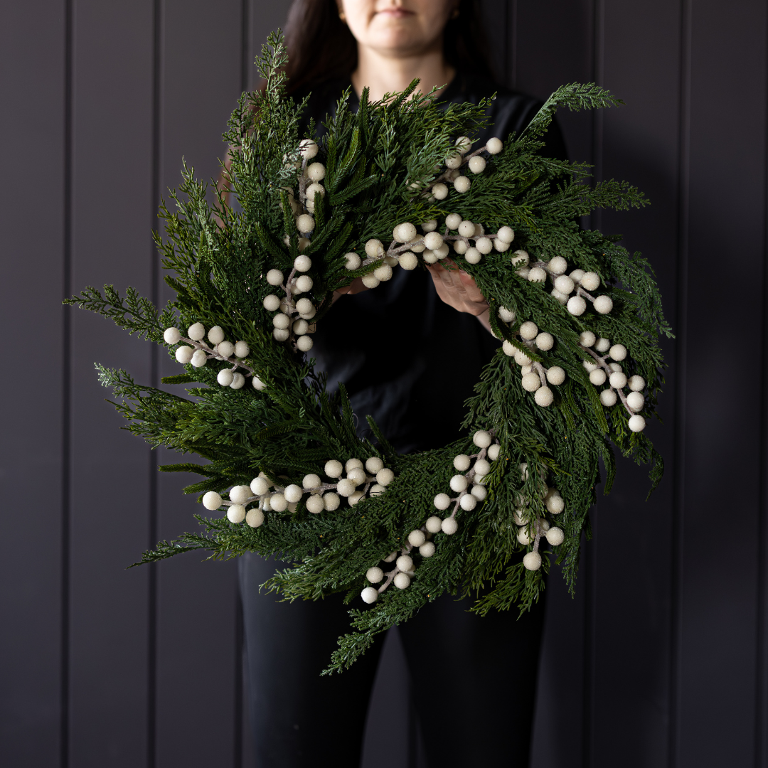 White Plum Frosted Berry Norfolk Cypress wreath, 24-inch real-touch faux greenery and berry arrangement by Luxe B Co.