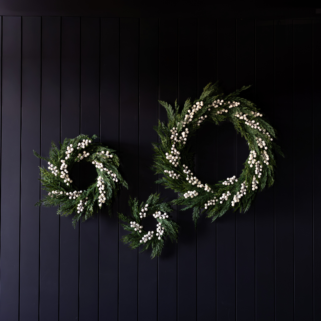 White Plum Frosted Berry Norfolk Cypress Real Touch Wreath, 24-inch, with white plum and frosted berries, by Luxe B Co.