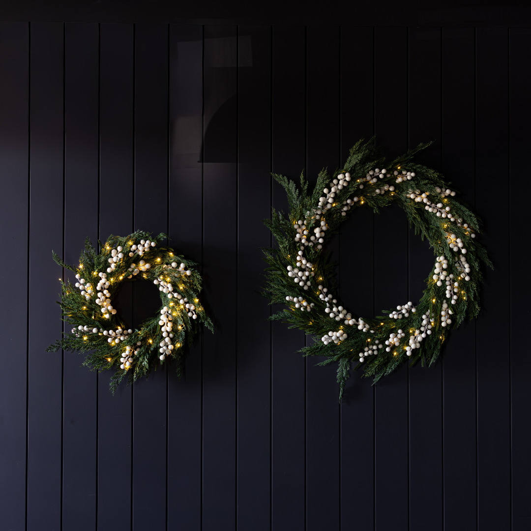 White Plum Frosted Berry Norfolk Cypress Real Touch Wreath, 24-inch, with white plums and frosted berries, by Luxe B Co.