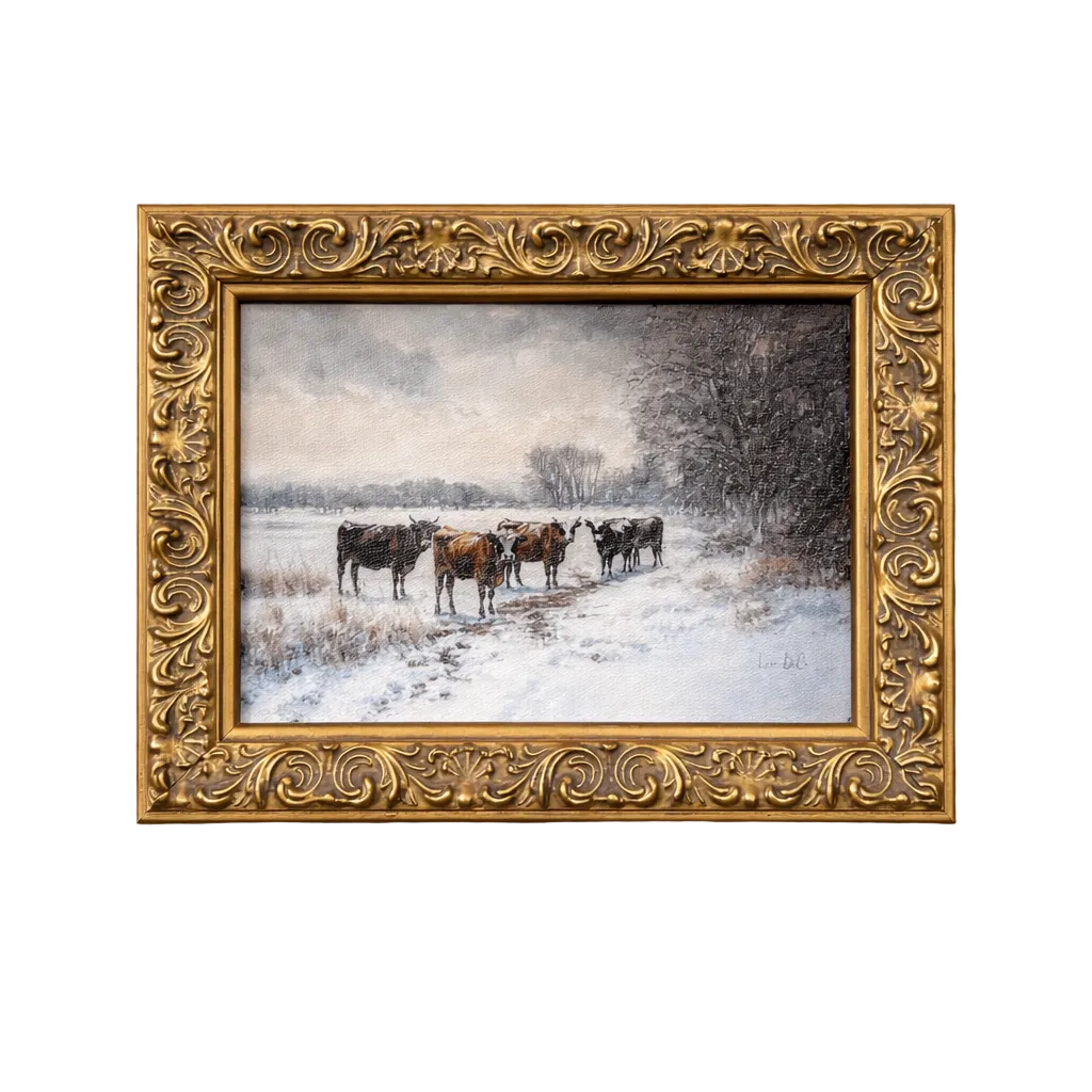 Antique-inspired brass framed art of winter cattle by Luxe B Co, showcasing vintage-style farm animal illustration.