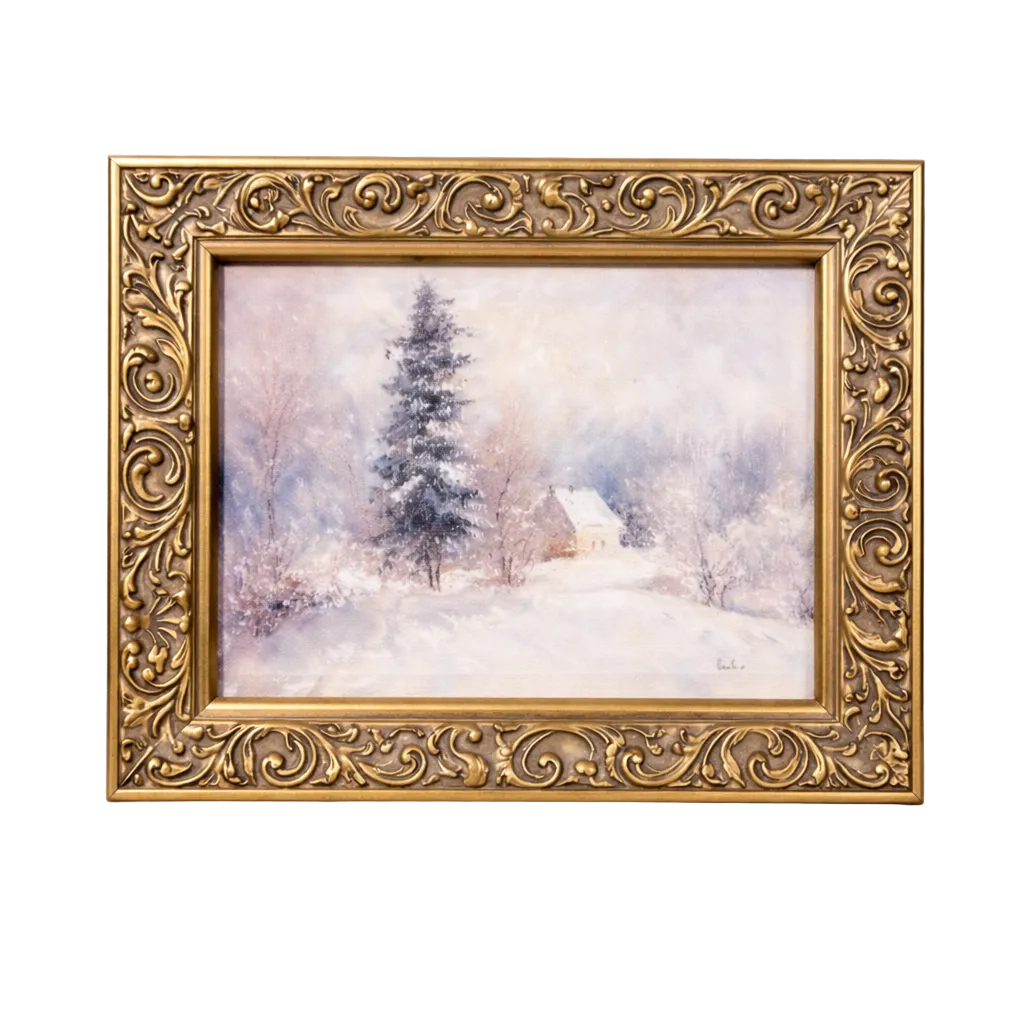 Antique-inspired brass framed winter landscape art by Luxe B Co, showcasing a serene snowy scene with vintage detailing.