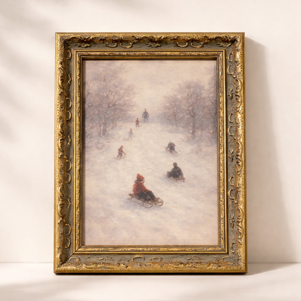 Antique-inspired framed art titled Winter Rush featuring gold leaf crown design, by Luxe B Co, displayed in a decorative frame.
