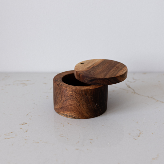 Wood salt cellar by Luxe B Co, a natural wooden salt bowl with a smooth finish for storing and serving salt.