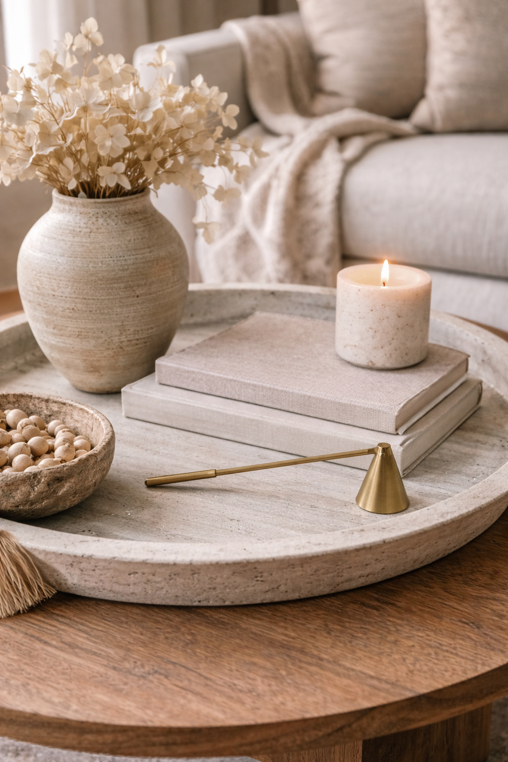 Decorative setting with a vase of flowers, books, and candle on a wooden tray.