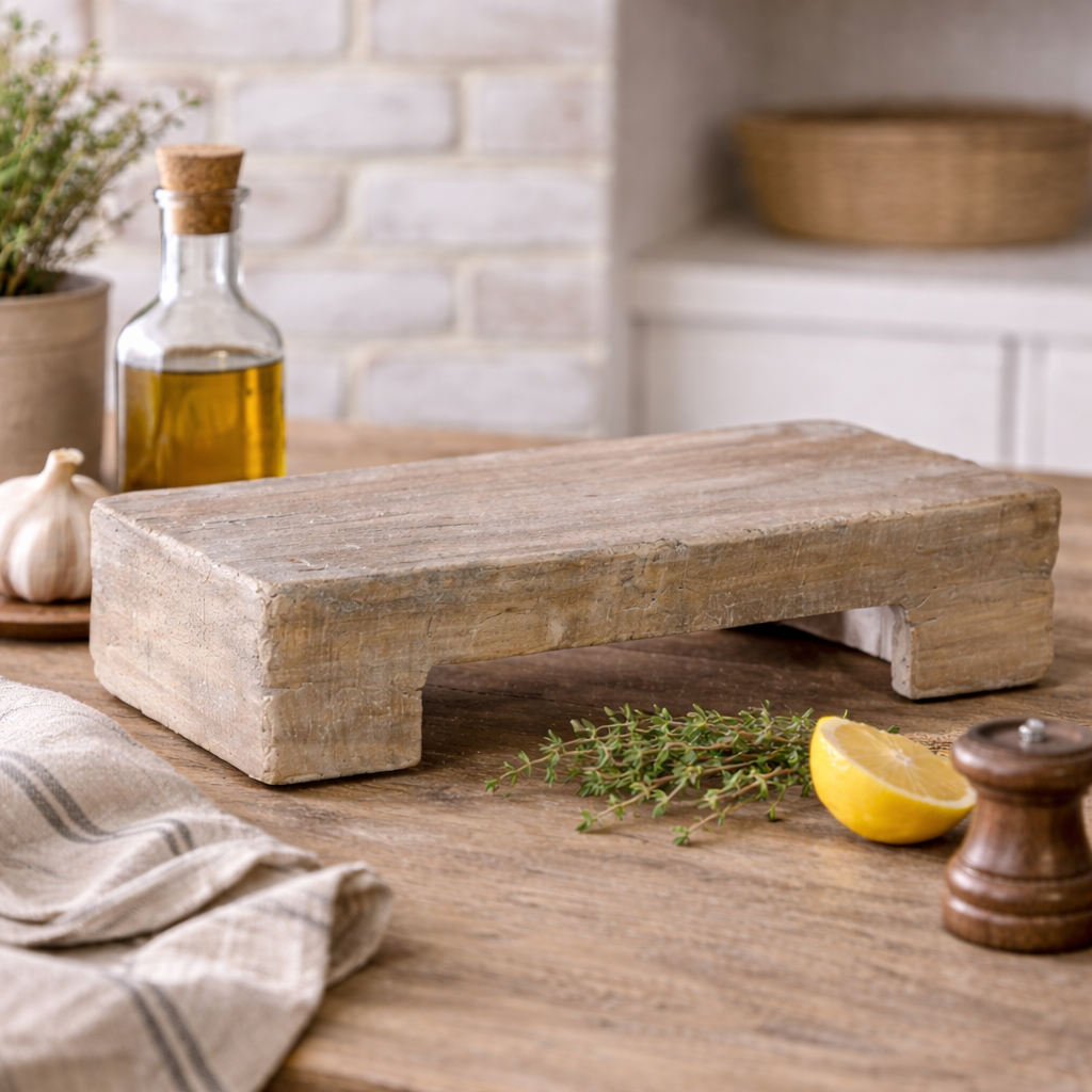 Wooden cutting board on a kitchen counter with herbs, lemon, and olive oil.