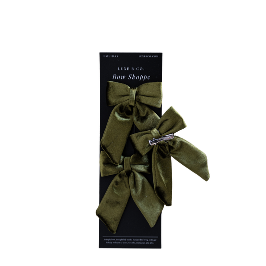 Set of chartreuse velvet mini fabric bows with clips, perfect for holiday or decorative use by Luxe B Co.