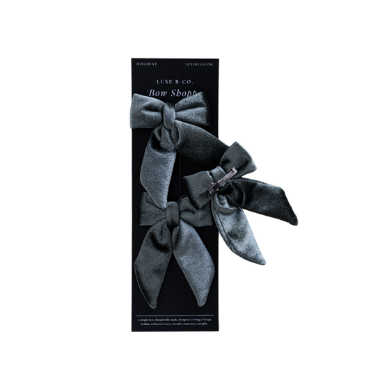Set of sage green velvet mini fabric bows with clips, perfect for holiday or Christmas decor by Luxe B Co.
