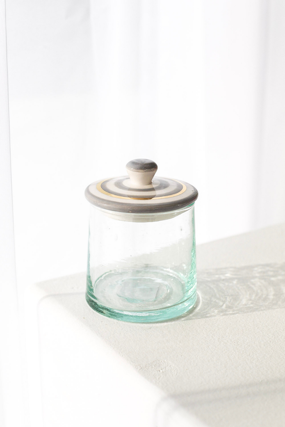MARRAKECH ROUND GLASS BOX WITH CERAMIC LID STRIPED GREY - Luxe B Co