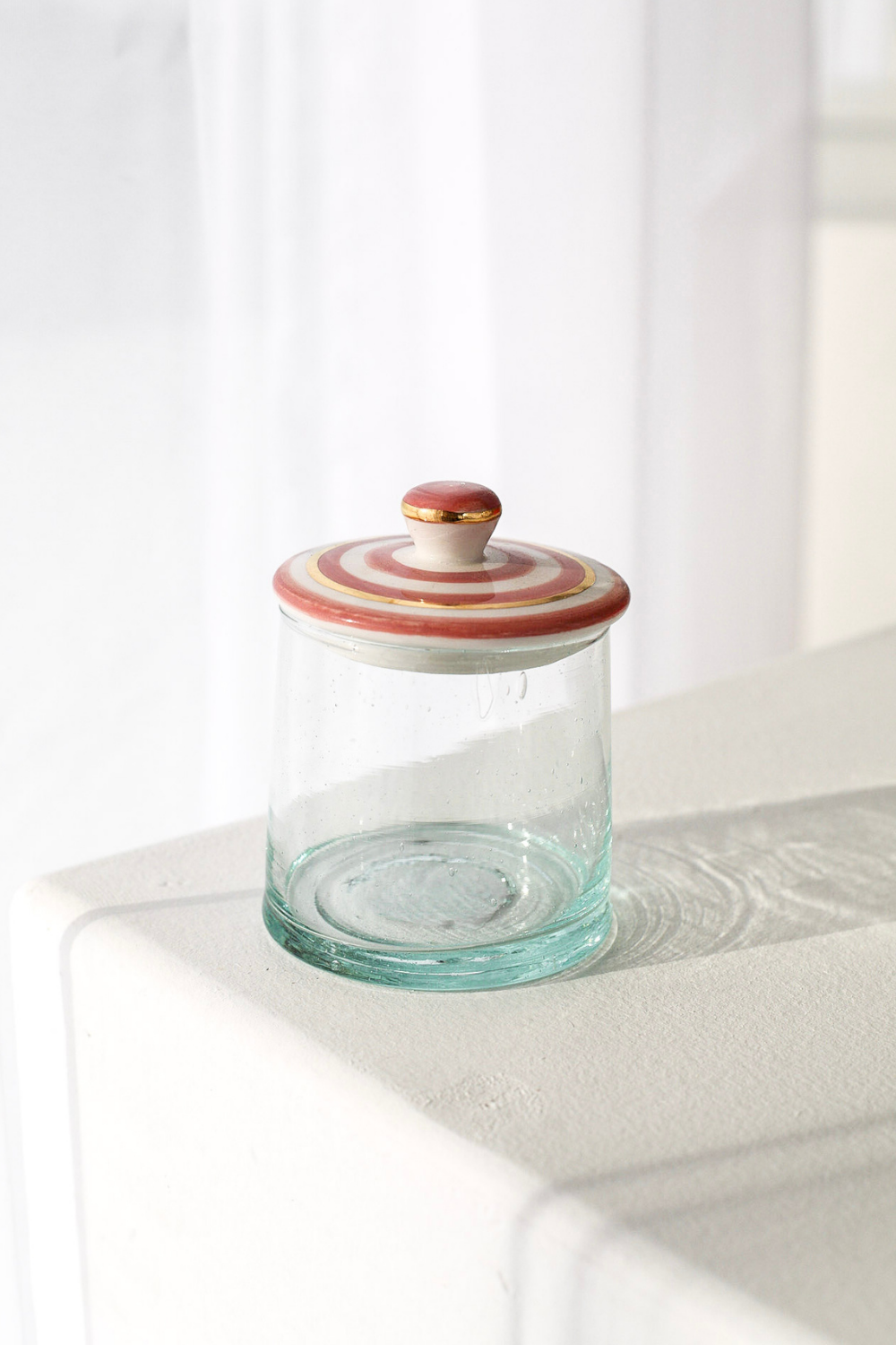 MARRAKECH ROUND GLASS WITH CERAMIC LID STRIPED PINK GOLD - Luxe B Co